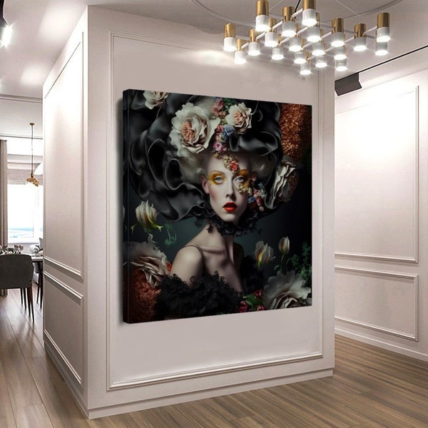 Marie Antoinette Floral Portrait, Stretched Printed Canvas Creative Art Work, Fashion Wall Art Print and Posters