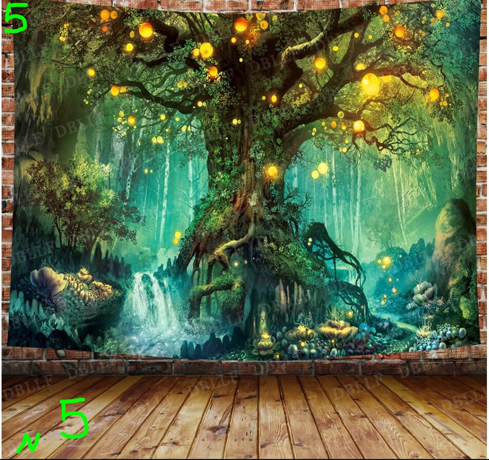 Grande Tapisserie 3D - Conte de Fées Château, Forêt Champignons Trippy Papillon Coloré, Tapisserie M