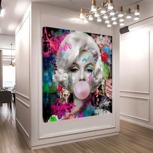 Vivid Color Graffiti Marilyn Monroe Bubble Gum Art, Large Wall Art Stretched Printed Canvas Modern Wall Prints for Living Room, Hotel