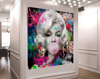 Vivid Color Graffiti Marilyn Monroe Bubble Gum Art, Large Wall Art Stretched Printed Canvas Modern Wall Prints for Living Room, Hotel