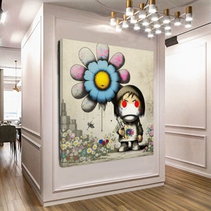 Girl and Flower Banksy Art Takashi Murakami Art Printed Canvas Large Size, Creative Art Work Print and Posters For Living Room