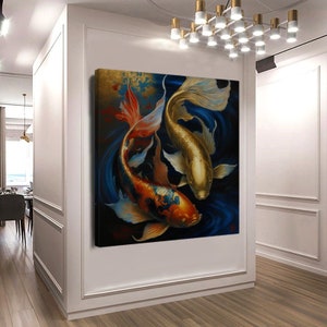 Two Gold Koi Fish Feng Shui Art, Stretched Printed Canvas Creative Art Work, Modern Wall Art Print and Posters