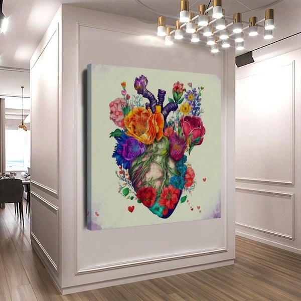 Art de l’anatomie du cœur floral, travail créatif sur toile imprimée étirée, impression murale moderne et affiches