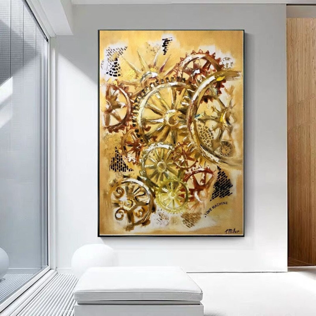 MODERN WALL ART Abstract Mechanical Clock Oil Painting on Canvas