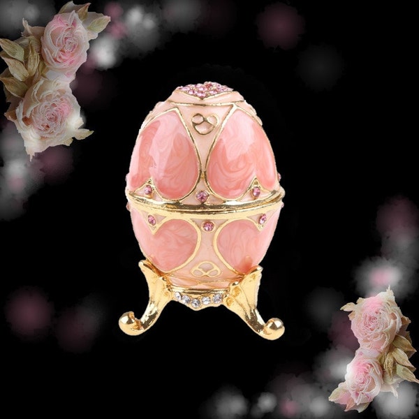 Cute Pink Love Heart Faberge-Egg with Gift Box Jewelry Trinket Box with Enamel Sparkling Rhinestone Unique Gift