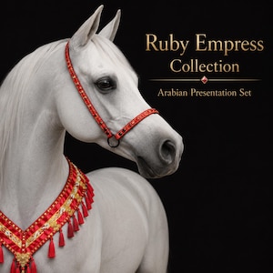 May include: A white horse wearing a red and gold decorative halter and a matching neck collar with tassels. The text Ruby Empress Collection Arabian Presentation Set is displayed in gold lettering against a solid black background.