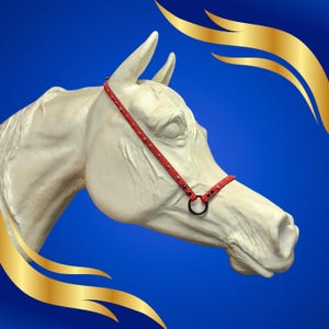 Puede incluir: Una escultura de cabeza de caballo blanca con un cabestro rojo y negro. El cabestro tiene un anillo de metal negro. El fondo es azul con detalles decorativos dorados. La escultura es detallada y realista.