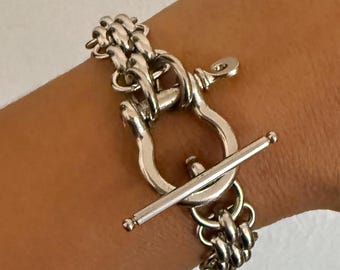silver tone chunky bracelet, wide woven flat chain,  large shackle clasp bracelet