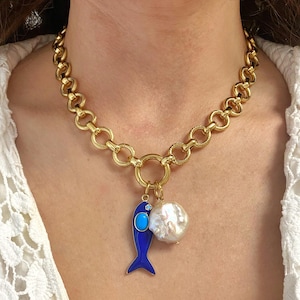 Blue  fish necklace, irregular pearl pendant necklace, removable charm necklace, summer jewelry, chunky jewelry for woman