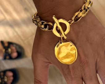 coin bracelet, gold tone bracelet