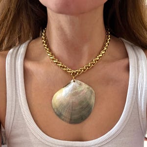 May include: Gold-tone chain necklace with a large, iridescent seashell pendant. The necklace features a thick, braided chain and a natural-looking shell. The shell has a pearlescent sheen with shades of gray, green, and brown.