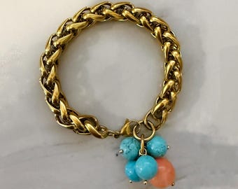 charm bracelet, peach turquoise bead charm bracelet, statement maximal jewelry
