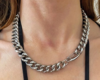 X-Large Silver tone chain necklace, big chunky chain necklace with modern closure, steel thick chain necklace, unisex minimal jewelry