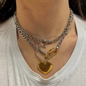 Heart Carabiner necklace, 2 screw clasp necklace, lock charm necklace, , gold and silver tone necklace, thunder necklace