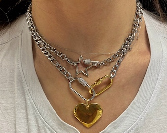 Collar con mosquetón de corazón, collar con cierre de 2 tornillos, collar con dije de candado, collar en tono dorado y plateado, collar con trueno