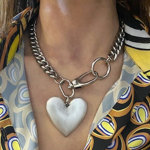 Silver Heart necklace, xl large oversized heart pendant necklace, 90s aesthetic jewellery, silver very big necklace, giant heart necklace