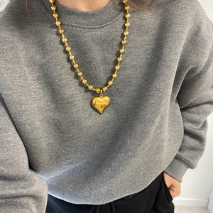 Heart necklace, gold heart necklace, puff heart pendant, ball chain with puffed heart, chunky heart choker image 7