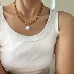 pearl pendant necklace, Baroque style shell charm necklace, rolo steel chain necklace with mother of pearl, adjustable length collier femme, image 5