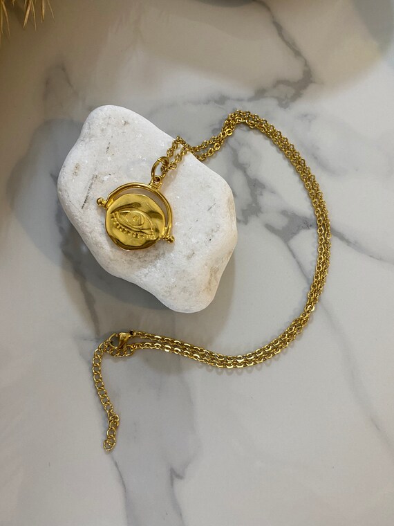 Gold Ton Münze Halskette, Gold Medaillon Halskette, Böse Auge