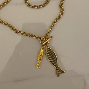 Fish charm  necklace, gold tone chunky  necklace, necklace for woman, summer jewelry, mermaid core , gift for wife