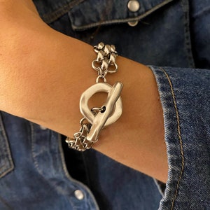 chunky chain bracelet, silver tone  wide flat chain bracelet, large toggle bracelet, big chain bracelet, woven chain bracelet,