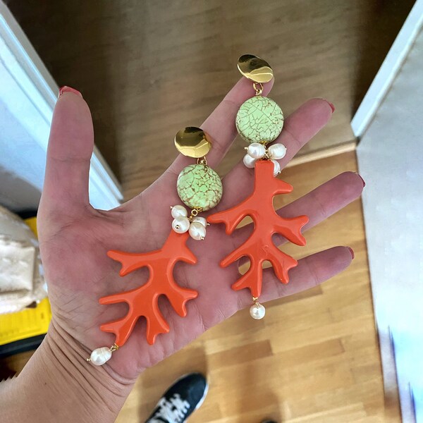 Giant orange coral earrings, orange green huge earrings, oversized tropical dangling earrings, colorful summer big earrings