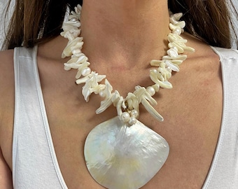 Oversized Shell Pendant Necklace, Bridal Mermaidcore Jewelry