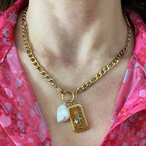 Collar con carta del tarot, joyería Y2K, collar con dije de oro, collar de cadena gruesa, joyería estética de moda, collar con colgante celestial
