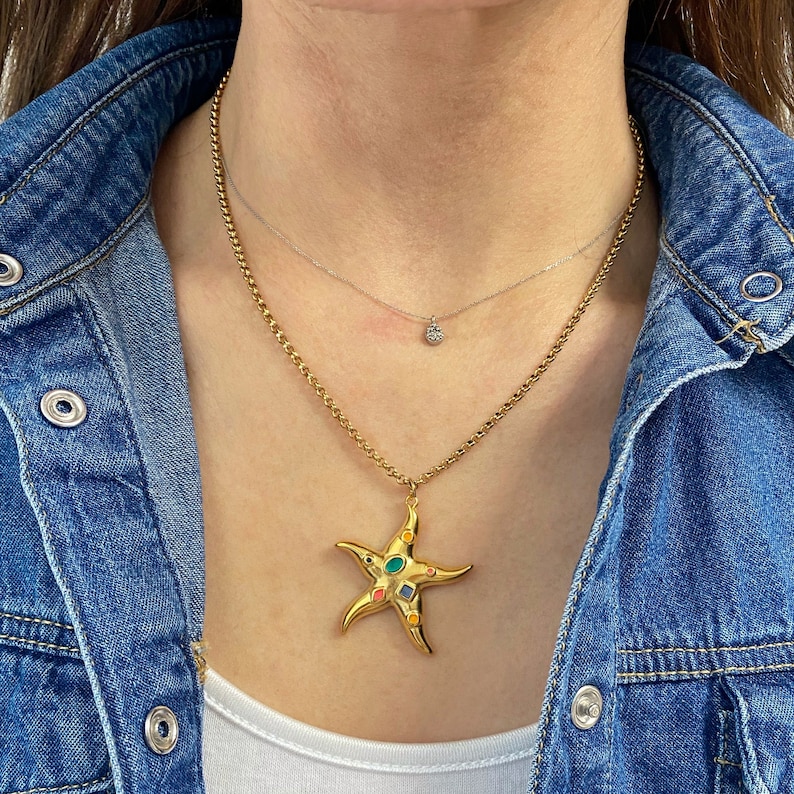 Starfish pendant necklace, gold tone summer necklace, modern y2k jewelry, mermaid necklace, 90s style jewelry, sea lovers jewelry zdjęcie 2