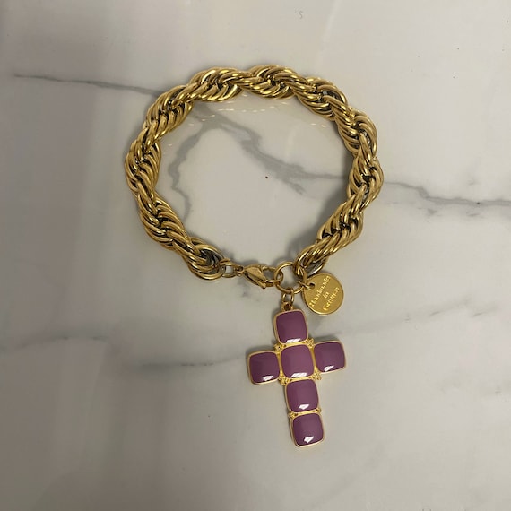 Cross Charm Bracelet, Chunky Gold Tone Bracelet, Large Thick Chain
