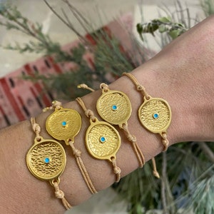 Evil eye bracelet, Friendship cord bracelet, gold charm adjustable bracelet, Cord bracelet, Mothers Day gift, Easter gift for her image 6