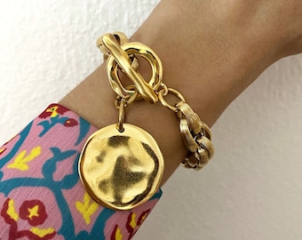 coin bracelet, statement bracelet, big gold tone bracelet, large retro style toggle bracelet, chunky steel chain bracelet with disc pendant,