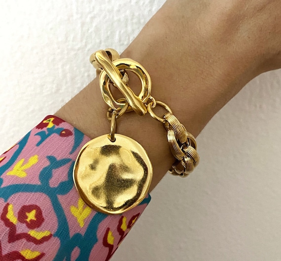 Coin Bracelet, Statement Bracelet, Big Gold Tone Bracelet
