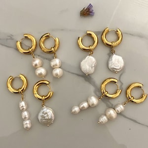 Pendientes de perlas, pendientes de perlas irregulares, aros con dijes, pendientes de perlas frescas gruesas, pendientes de perlas grandes, pendientes desiguales