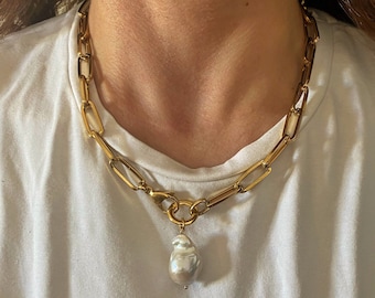 Collana di perle barocche, grande perla a palla di fuoco, collana di perle irregolari, grande collana di perle fresche, gioielli vistosi, gioielli per tutti i giorni
