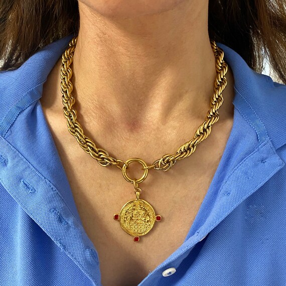 Gold Tone Coin Necklace, Large Coin Pendant Necklace, Thick  display picture 2