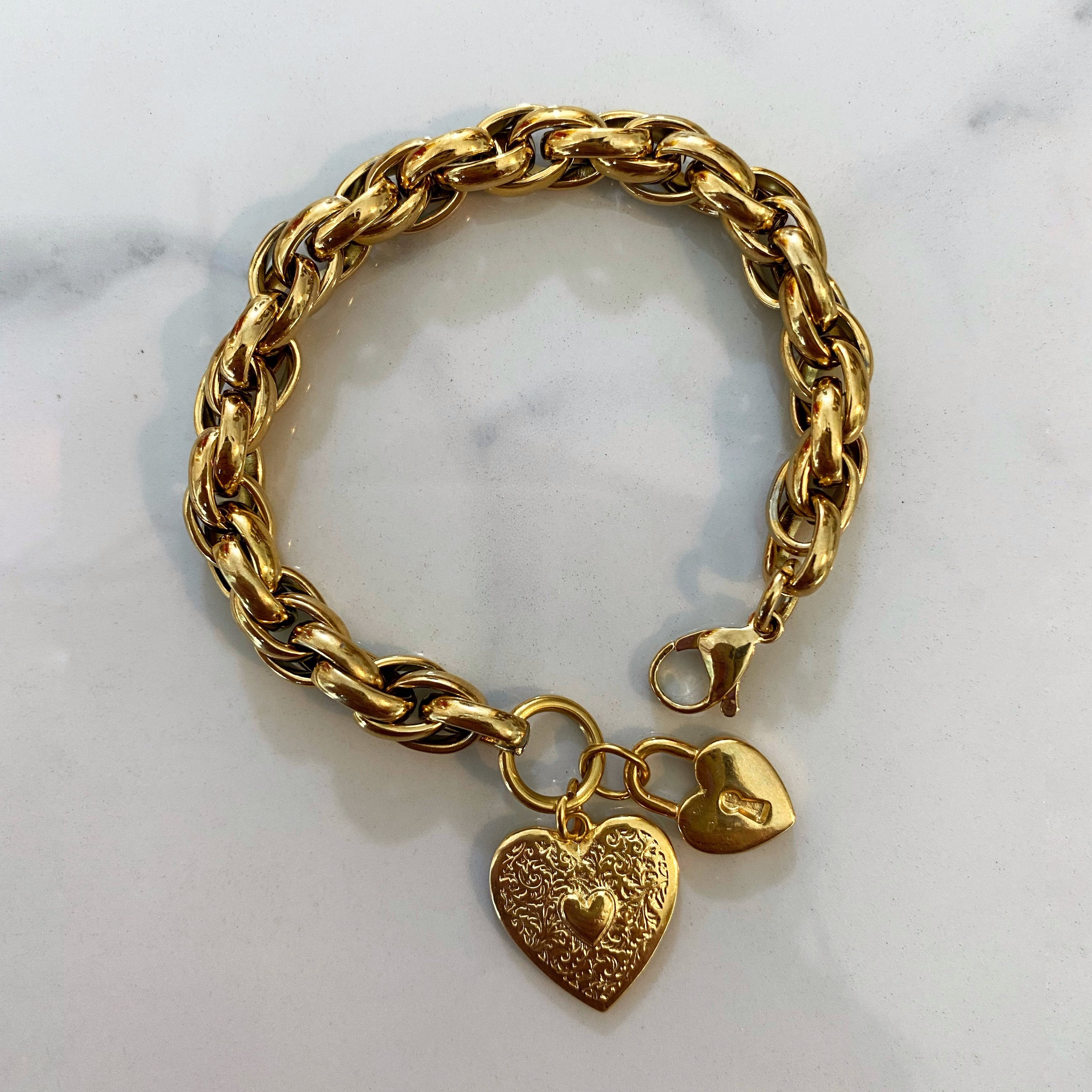 Hearts Charm Bracelet, Chunky Gold Bracelet, Gold Statement