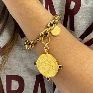 Coin bracelet for woman, chunky gold tone bracelet, big coin bracelet, large retro old style bracelet, gift for mother, gift for wife