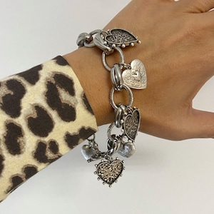 Heart charms bracelet, silver tone  heart bracelet, chunky bracelet for woman, large dangling bracelet, multi charm bracelet