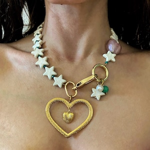 Large heart necklace, y2k necklace with stars, chunky statement necklace, giant huge heart necklace, aesthetic 90s inspired jewelry image 1
