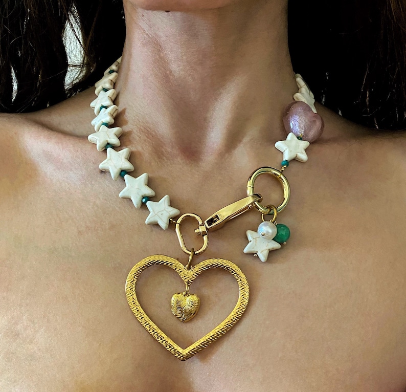 Large heart necklace, y2k necklace with stars, chunky statement necklace, giant huge heart necklace, aesthetic 90s inspired jewelry image 1
