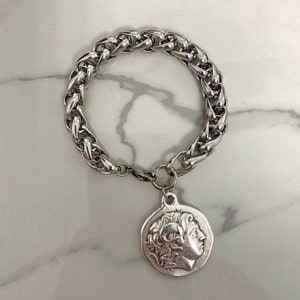 coin bracelet for women , chunky silver tone chain bracelet, big coin bracelet, oversized coin charm bracelet, bulky heavy jewelry