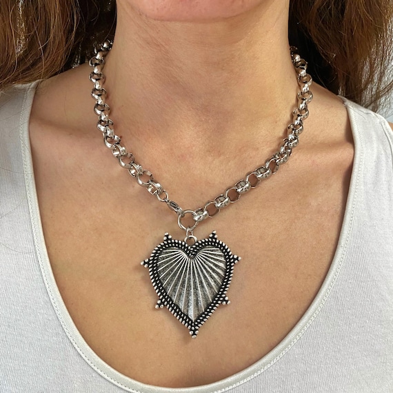 Heart Necklace, Chunky Silver Tone Necklace, Large Oversized Heart