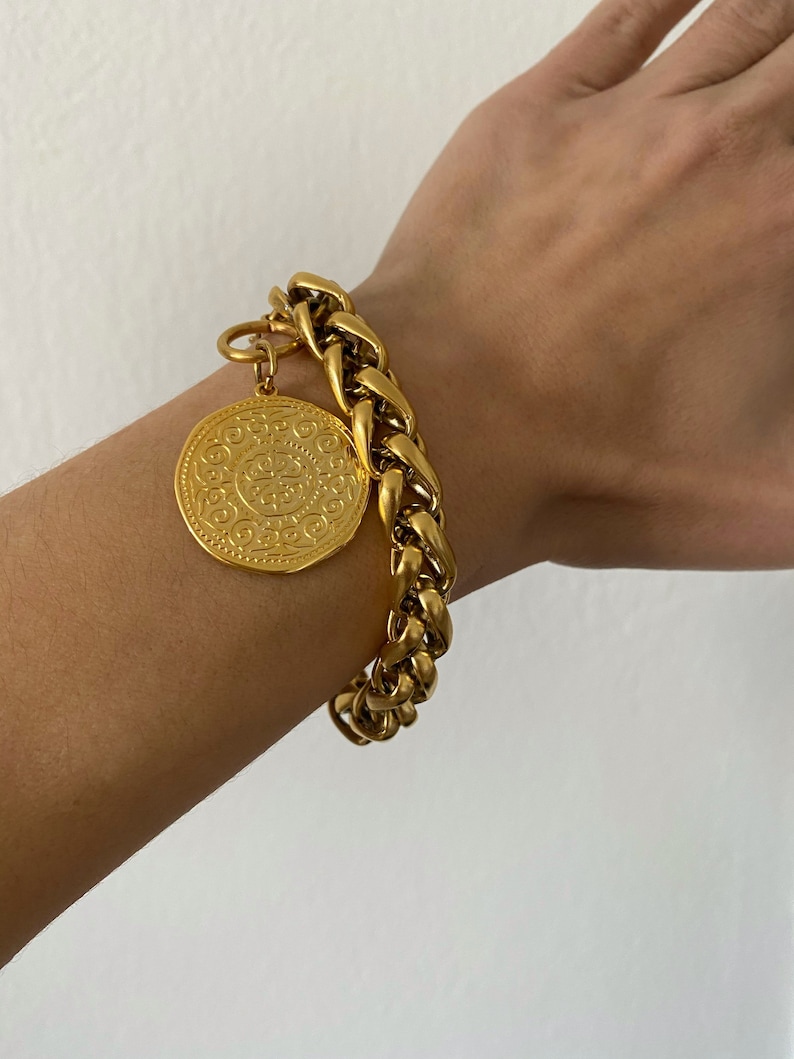 coin charm bracelet, chunky chain bracelet with charm, statement bracelet, big coin bracelet, retro old style bracelet, gold tone bracelet image 4