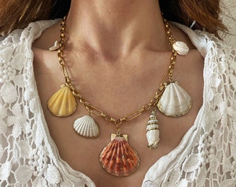 Natural clam charms necklace, large shell charms necklace, chunky gold chain necklace with various shells, shells necklace, mermaid jewelry