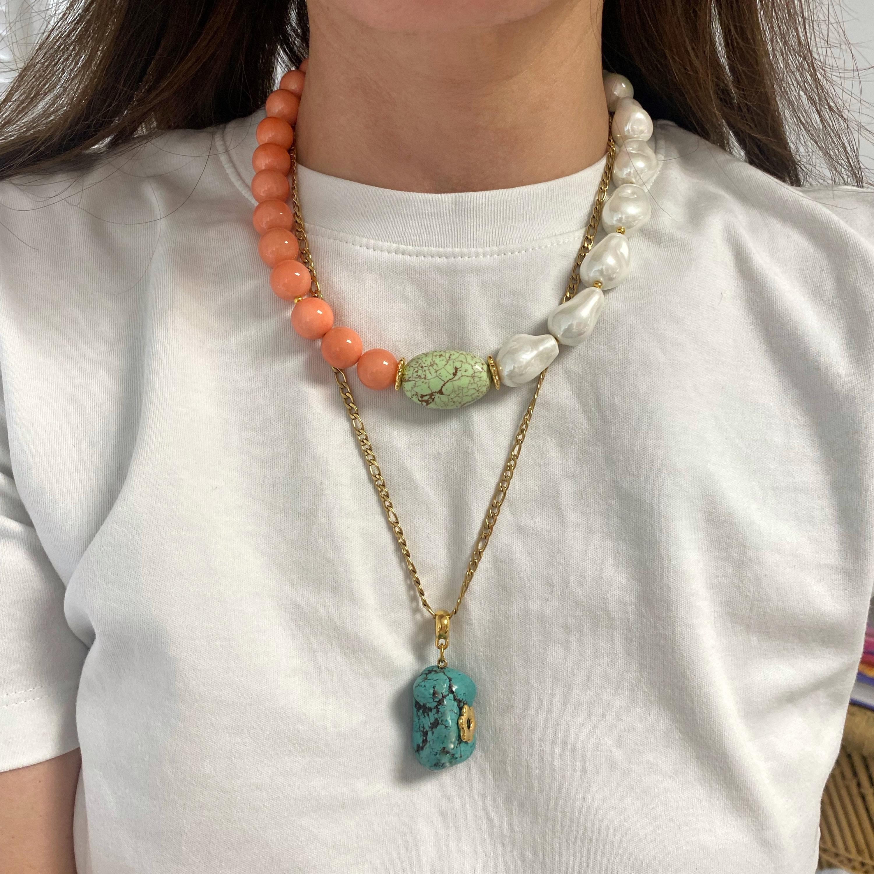 große perlen halskette, pfirsich rosa sommer schmuck für frau, muschel perlenkette, große perlen kette, türkise anhänger