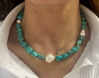 turquoise choker necklace, single baroque pearl necklace, turquoise summer necklace, real pearl necklace, raw irregular shape stone necklace