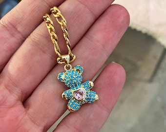 Bear necklace, turquoise zircon charm necklace, teddy bear necklace, gold chain necklace, y2k aesthetic jewelry, 2000s nostalgia