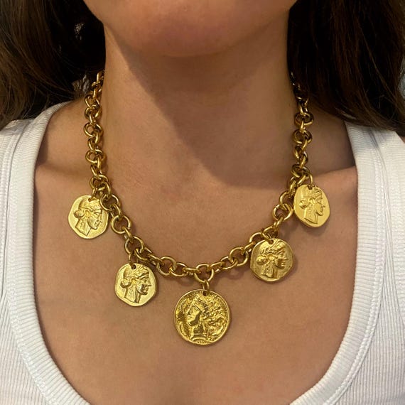 Chunky Gold Tone Coin Necklace: Adjustable Statement Jewelry