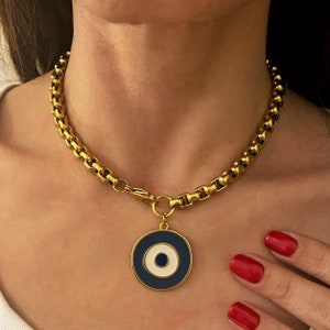 large evil eye necklace, greek blue eye necklace, chunky gold jewelry, evil eye pendant necklace, big eye necklace, bulky steel chain